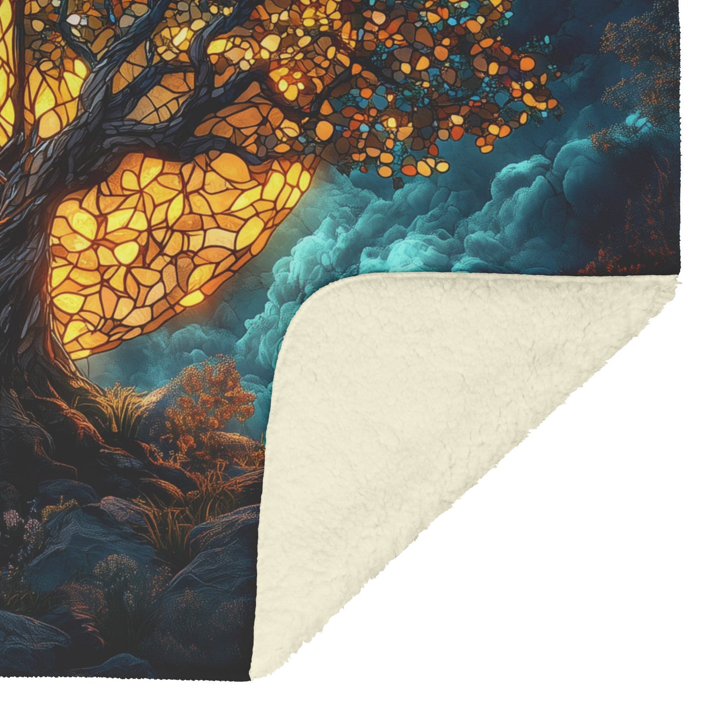 Tree of Life with Radiant Cross and Glowing Stained Glass Moon Fleece Sherpa Blanket Ultra Soft Cozy Perfect for Gift - Awakening Righteousness