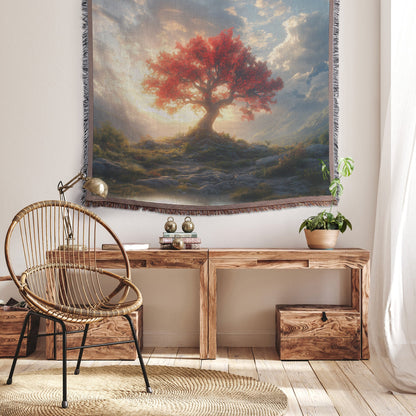 Tree of Life with Vibrant Red Foliage and Sunset Glow Woven Throw Blanket for Home Decor - Awakening Righteousness