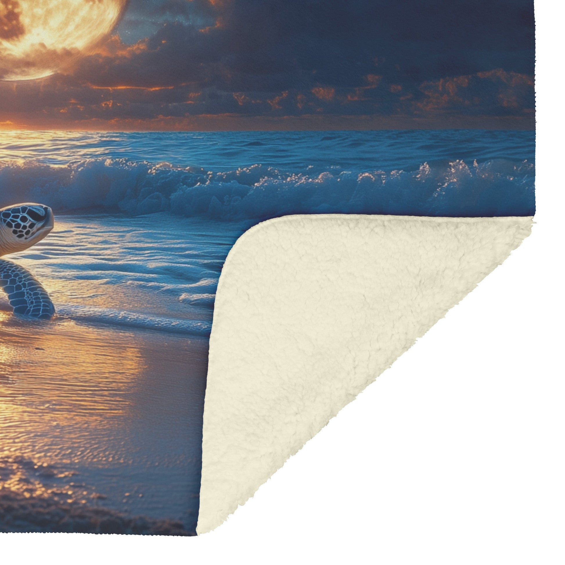 Turtle Resting on Glowing Sandy Beach Under Full Moon with Ocean Waves and Starlight Fleece Sherpa Blanket - Awakening Righteousness