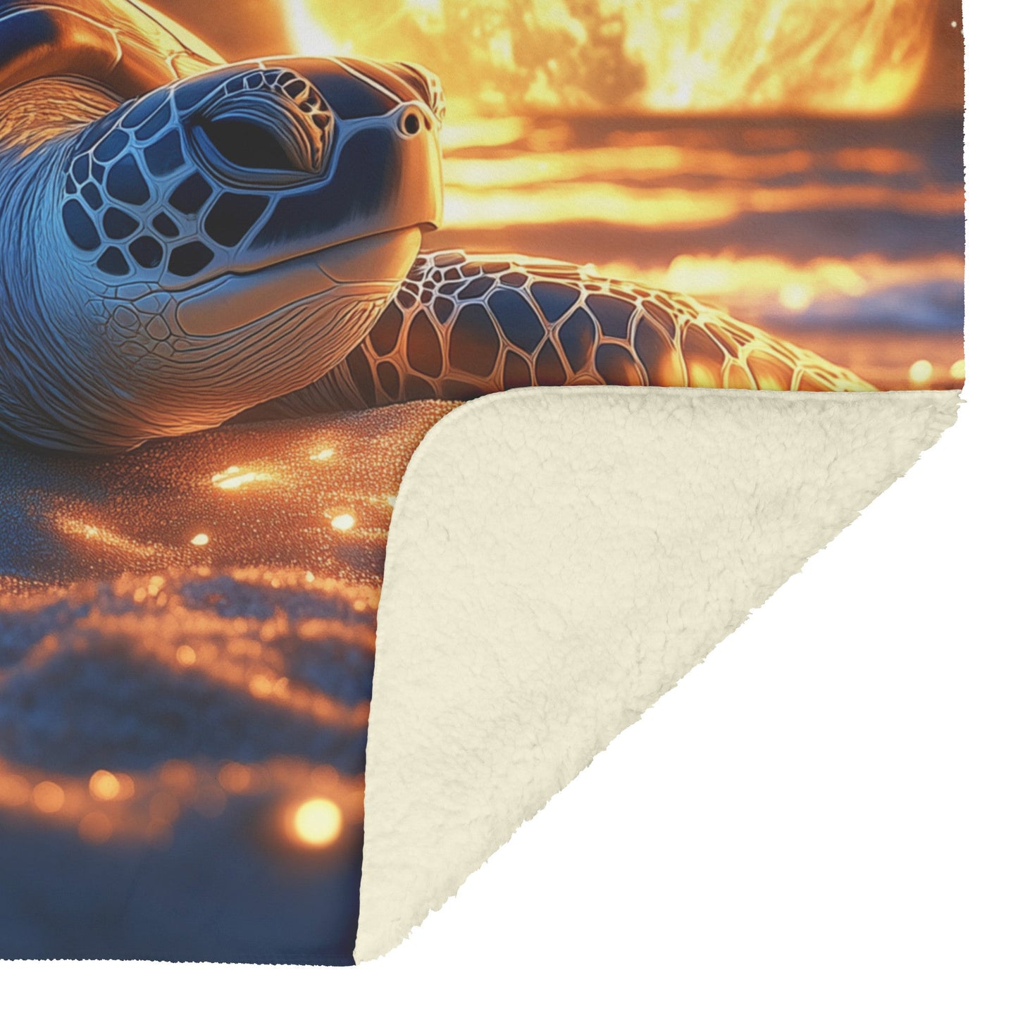 Turtle Resting on Glowing Sandy Beach Under Full Moon with Ocean Waves and Starlight Fleece Sherpa Blanket - Awakening Righteousness