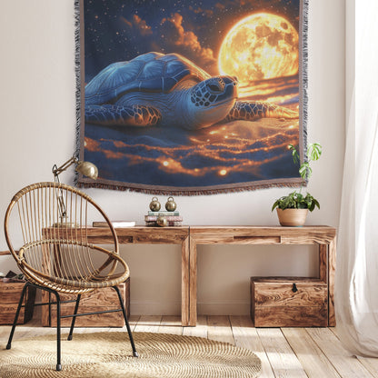 Turtle Resting on Glowing Sandy Beach Woven Throw Blanket Under Full Moon with Ocean Waves and Starlight - Awakening Righteousness