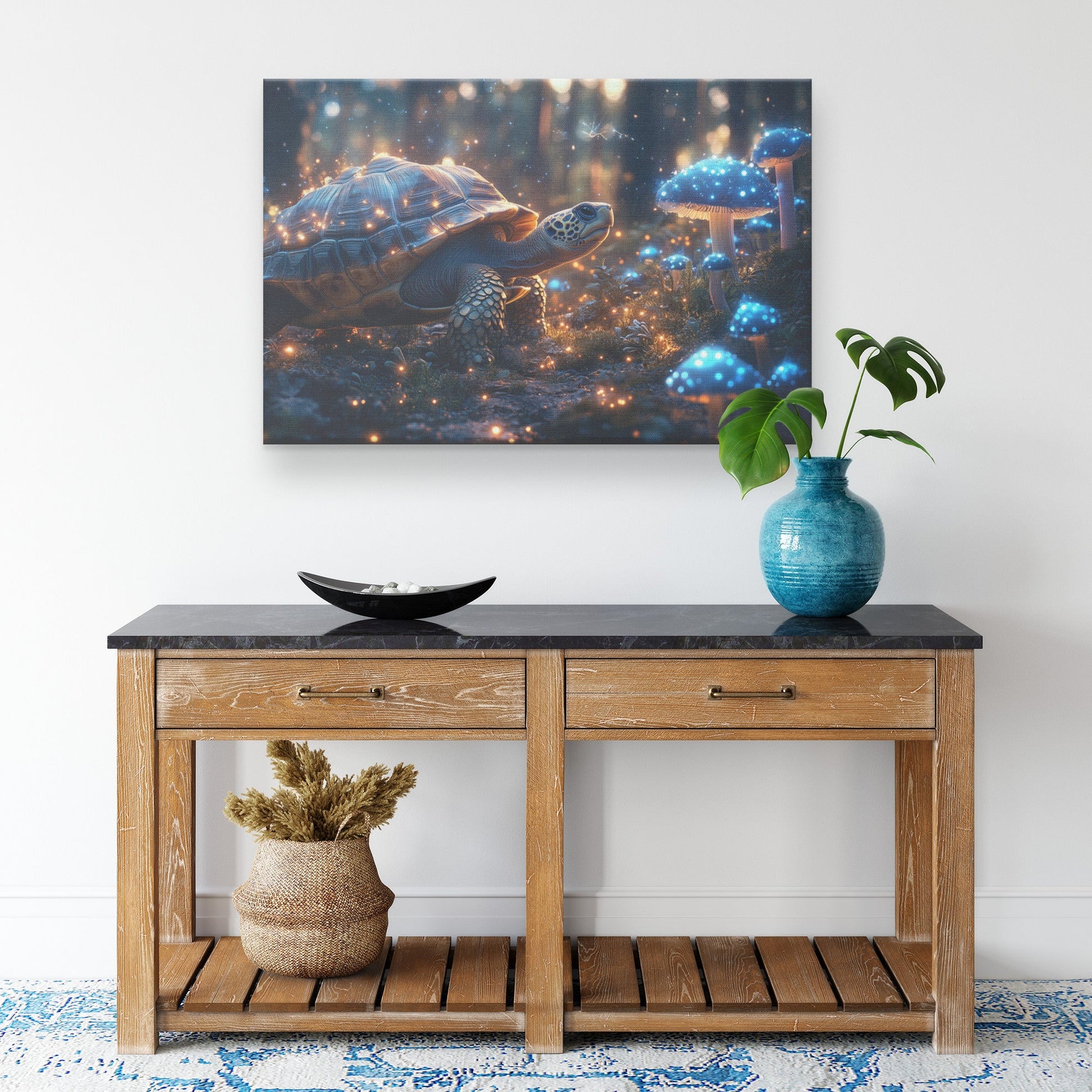Turtle Walking Across Glowing Forest Floor Surrounded by Magical Mushrooms with Blue and Green Light Canvas Wall Art Decor - Awakening Righteousness