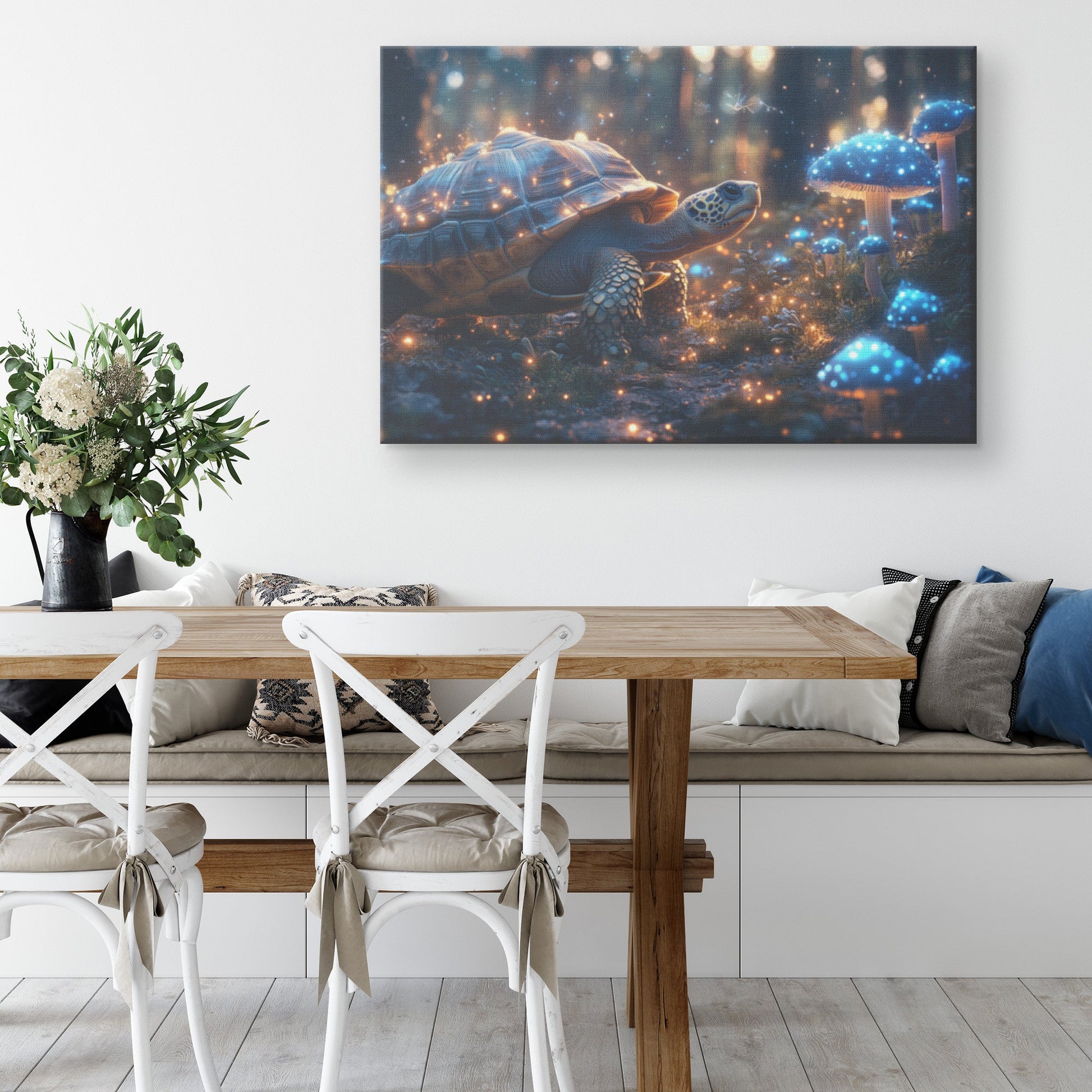 Turtle Walking Across Glowing Forest Floor Surrounded by Magical Mushrooms with Blue and Green Light Canvas Wall Art Decor - Awakening Righteousness