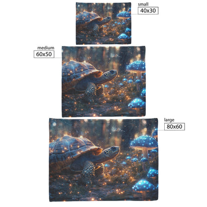 Turtle Walking Across Glowing Forest Floor with Magical Mushrooms Emitting Blue and Green Light Fleece Sherpa Blanket - Awakening Righteousness