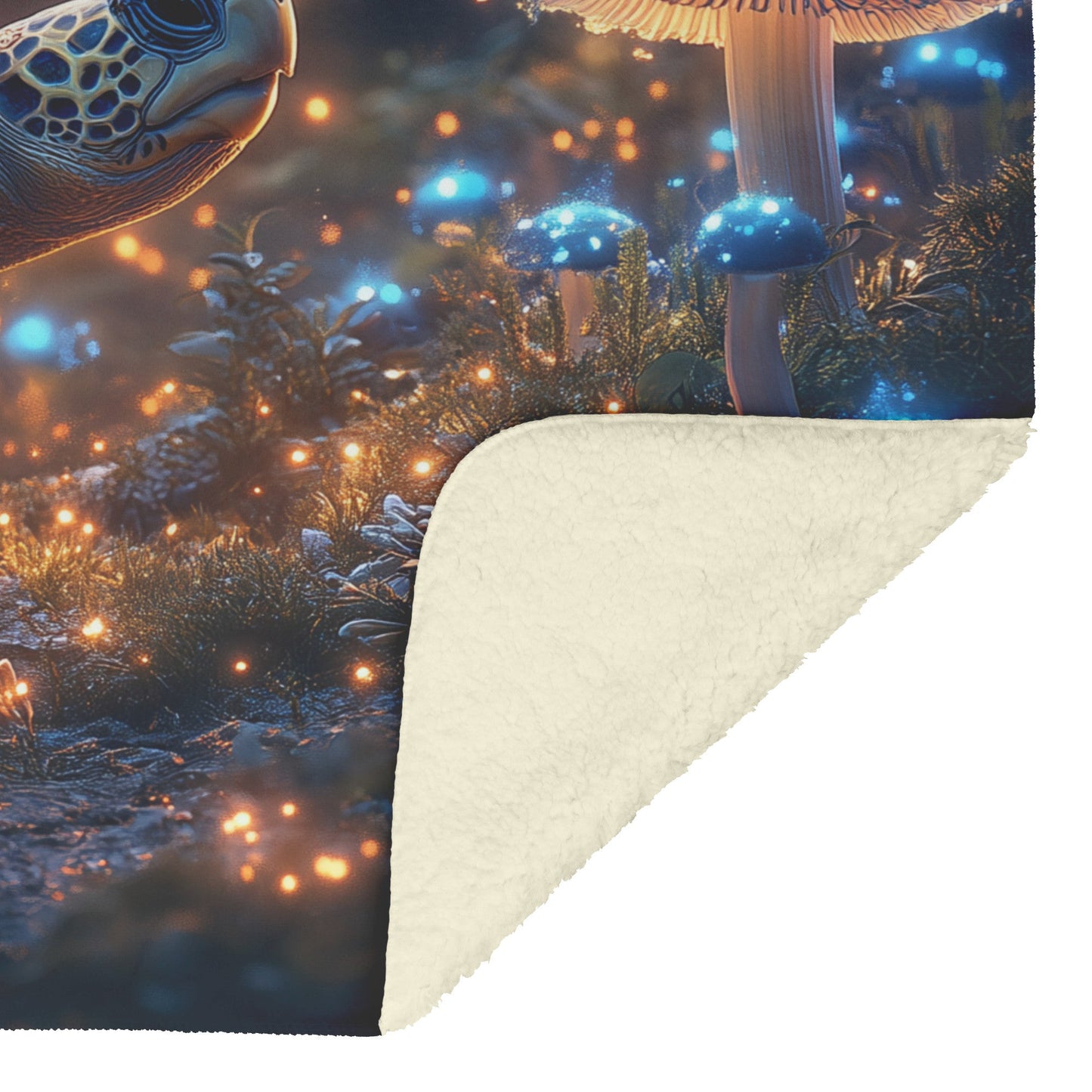 Turtle Walking Across Glowing Forest Floor with Magical Mushrooms Emitting Blue and Green Light Fleece Sherpa Blanket - Awakening Righteousness