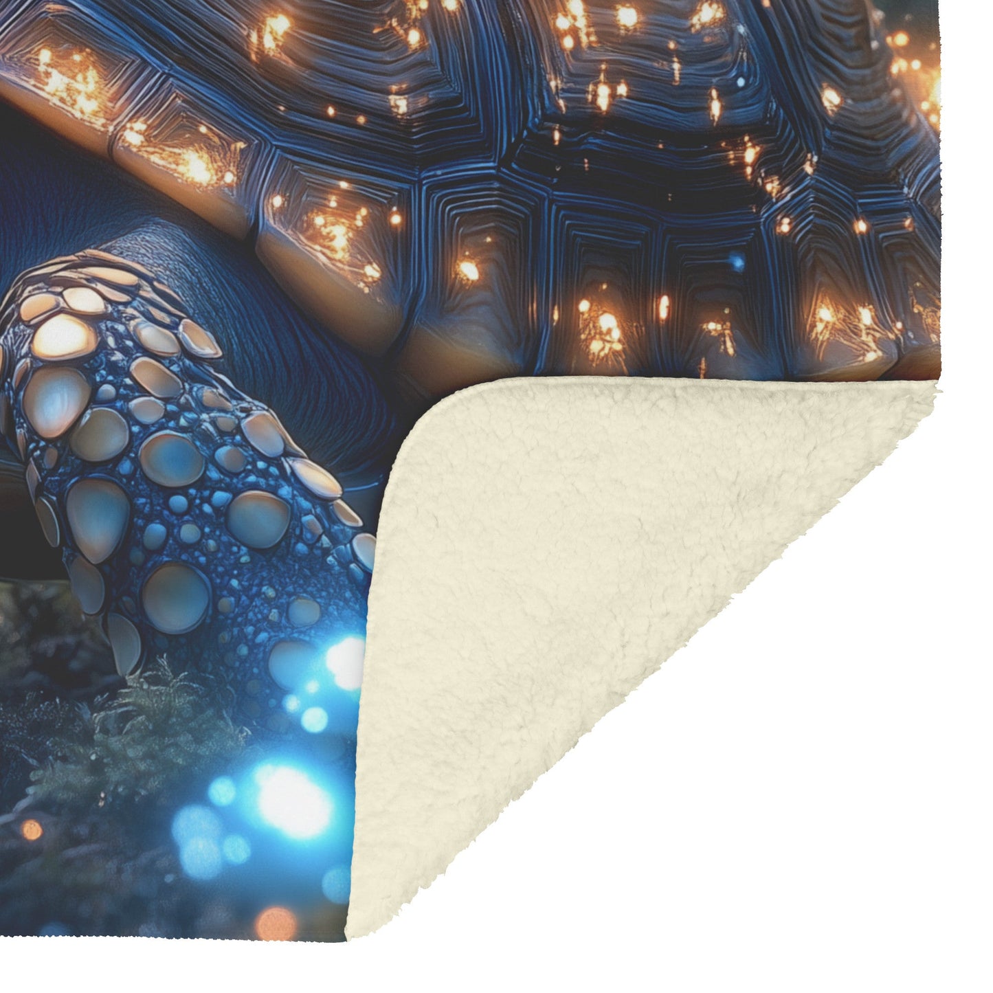 Turtle Walking Across Glowing Forest Floor with Magical Mushrooms Emitting Blue and Green Light Fleece Sherpa Blanket - Awakening Righteousness