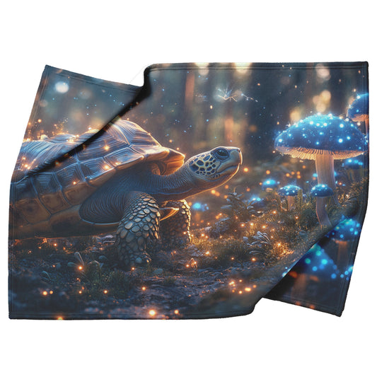 Turtle Walking Across Glowing Forest Floor with Magical Mushrooms Emitting Blue and Green Light Fleece Sherpa Blanket - Awakening Righteousness