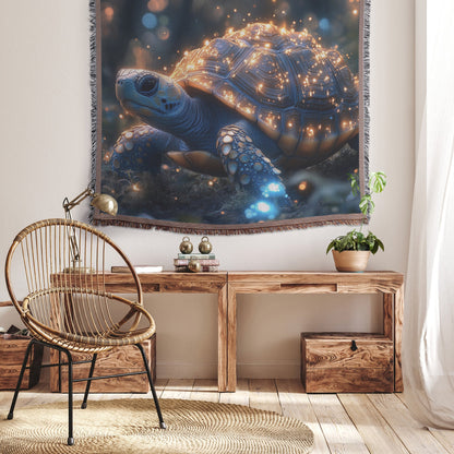 Turtle Walking Across Glowing Forest Floor Woven Throw Blanket with Magical Mushrooms and Soft Blue Green Light - Awakening Righteousness