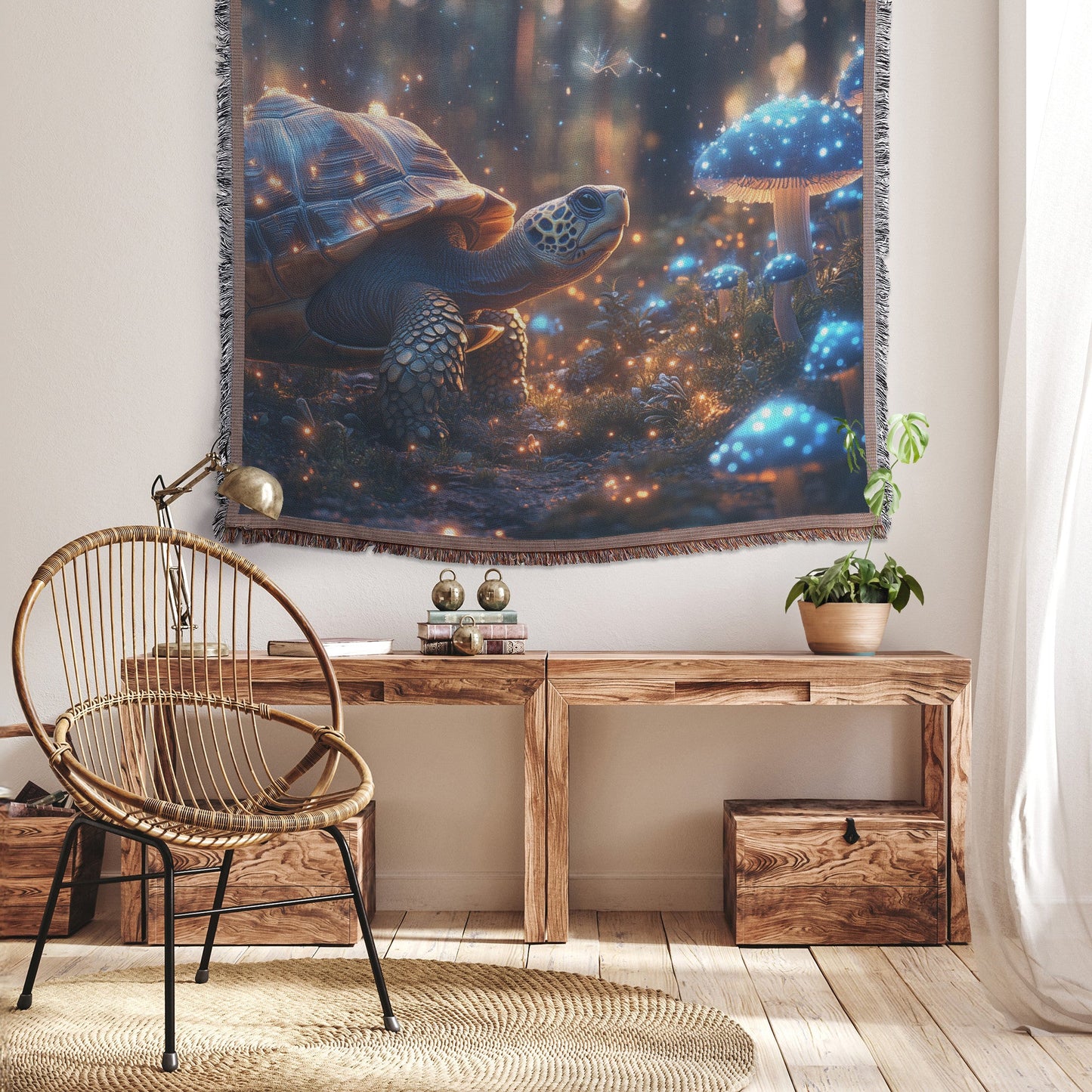 Turtle Walking Across Glowing Forest Floor Woven Throw Blanket with Magical Mushrooms and Soft Blue Green Light - Awakening Righteousness
