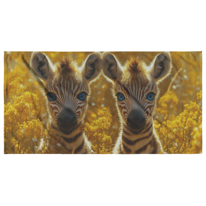Twin Baby Zebras with Stunning Blue Eyes Among Golden Flowers Beach Towel for Wildlife and Nature Enthusiasts - Awakening Righteousness