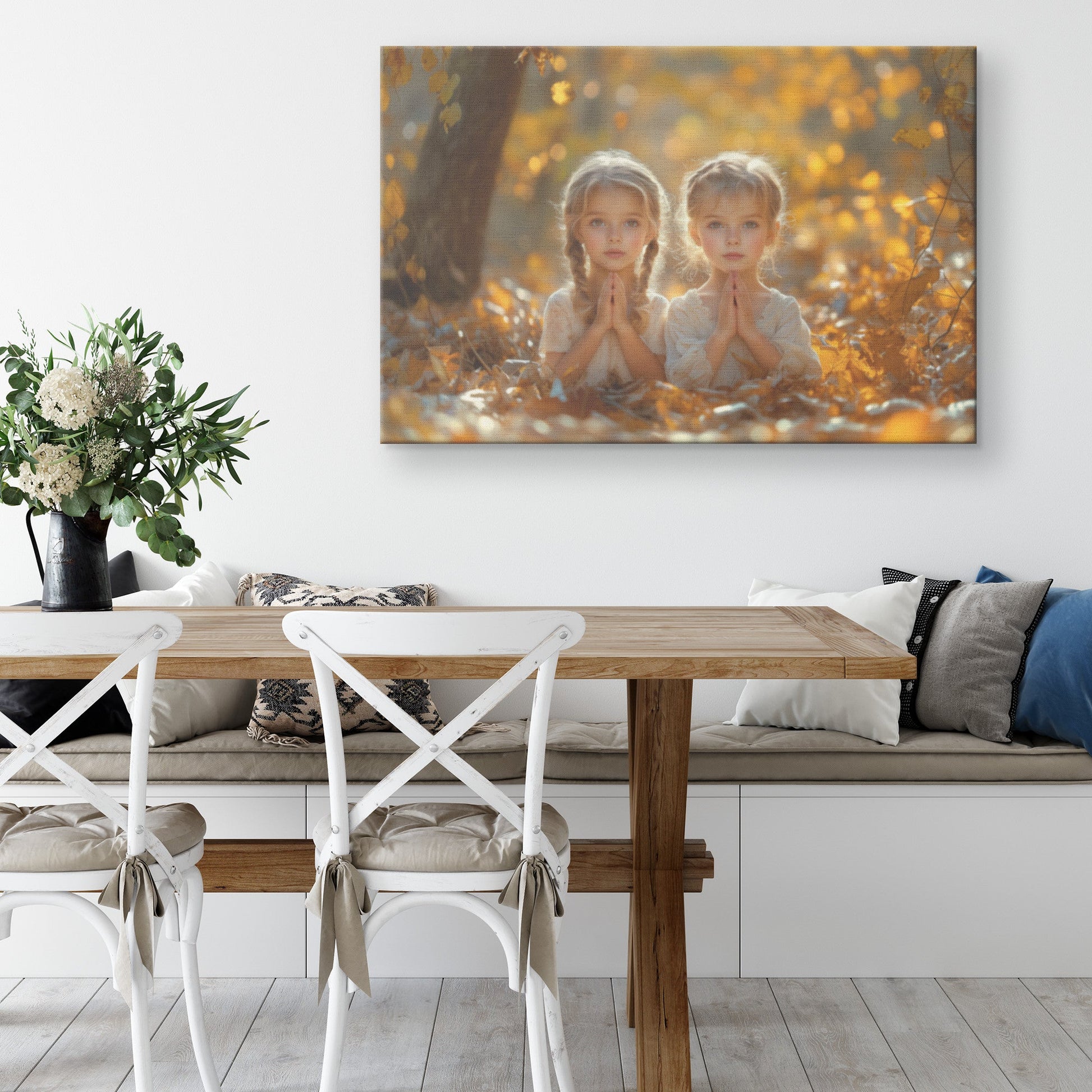 Twin Girls Praying in Autumn Glow Inspirational Canvas Wall Art Decor for Home Church or Nursery - Awakening Righteousness