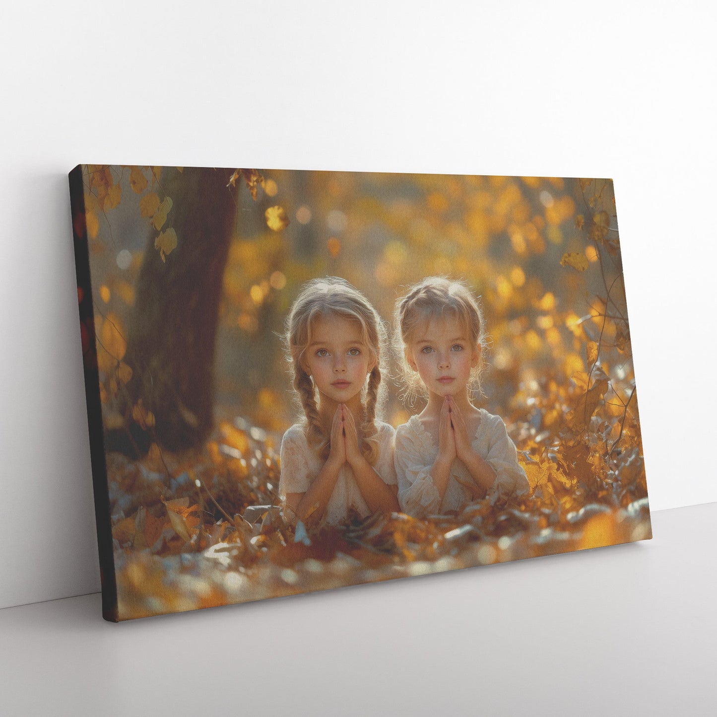 Twin Girls Praying in Autumn Glow Inspirational Canvas Wall Art Decor for Home Church or Nursery - Awakening Righteousness