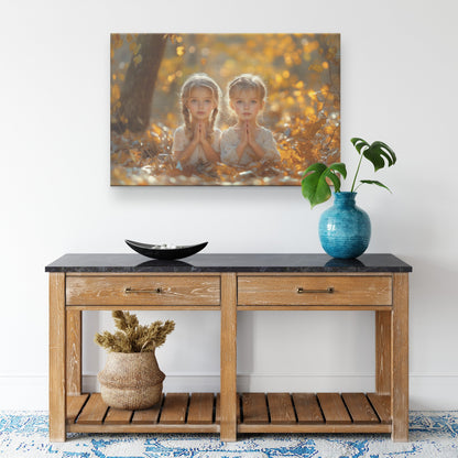 Twin Girls Praying in Autumn Glow Inspirational Canvas Wall Art Decor for Home Church or Nursery - Awakening Righteousness