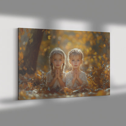 Twin Girls Praying in Autumn Glow Inspirational Canvas Wall Art Decor for Home Church or Nursery - Awakening Righteousness