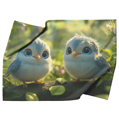 Two Adorable Baby Birds with Blue Eyes on Tree Branch with Cozy Flowers Fleece Sherpa Blanket - Awakening Righteousness