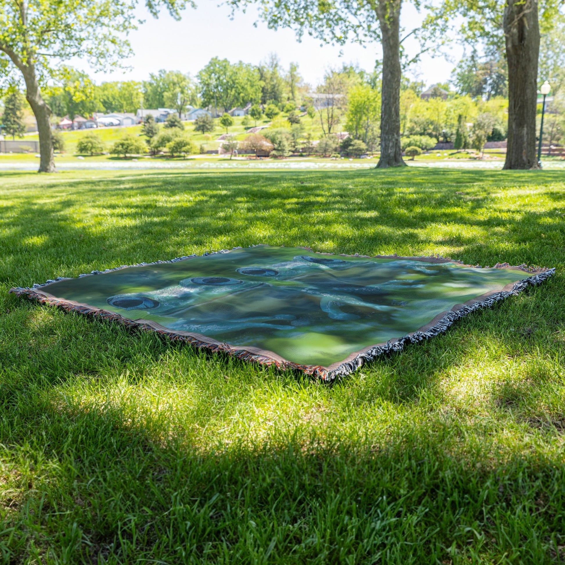 Two Adorable Blue Green Frogs with Big Eyes Sitting on Green Grass Cozy Woven Throw Blanket - Awakening Righteousness