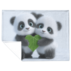 Two Baby Pandas Hugging Holding Heart Shaped Bamboo Leaf Fluffy Fur Blue Eyes Photorealistic High Resolution Sherpa Fleece Blanket - Awakening Aesthetics