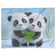 Two Baby Pandas Hugging Holding Heart Shaped Bamboo Leaf Fluffy Fur Blue Eyes Photorealistic High Resolution Sherpa Fleece Blanket - Awakening Aesthetics
