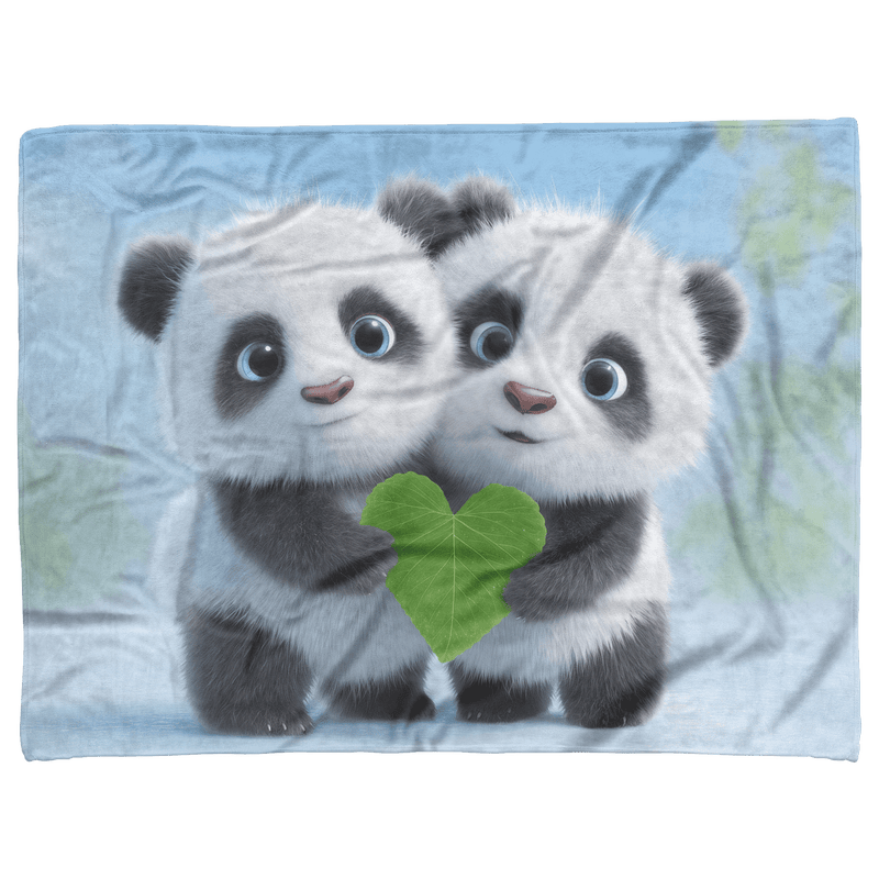 Two Baby Pandas Hugging Holding Heart Shaped Bamboo Leaf Fluffy Fur Blue Eyes Photorealistic High Resolution Sherpa Fleece Blanket - Awakening Aesthetics