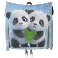 Two Baby Pandas Hugging Holding Heart Shaped Bamboo Leaf Fluffy Fur Blue Eyes Photorealistic High Resolution Sherpa Fleece Blanket - Awakening Aesthetics