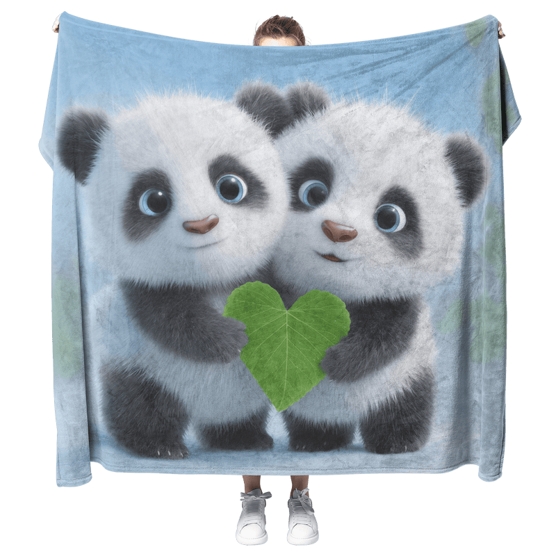 Two Baby Pandas Hugging Holding Heart Shaped Bamboo Leaf Fluffy Fur Blue Eyes Photorealistic High Resolution Sherpa Fleece Blanket - Awakening Aesthetics