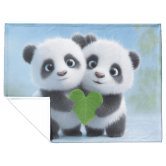 Two Baby Pandas Hugging Holding Heart Shaped Bamboo Leaf Fluffy Fur Blue Eyes Photorealistic High Resolution Sherpa Fleece Blanket - Awakening Aesthetics