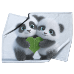 Two Baby Pandas Hugging Holding Heart Shaped Bamboo Leaf Fluffy Fur Blue Eyes Photorealistic High Resolution Sherpa Fleece Blanket - Awakening Aesthetics