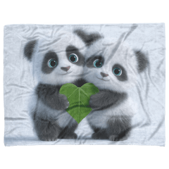 Two Baby Pandas Hugging Holding Heart Shaped Bamboo Leaf Fluffy Fur Blue Eyes Photorealistic High Resolution Sherpa Fleece Blanket - Awakening Aesthetics