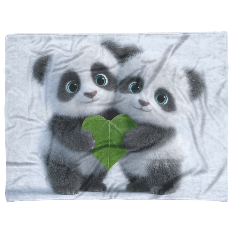Two Baby Pandas Hugging Holding Heart Shaped Bamboo Leaf Fluffy Fur Blue Eyes Photorealistic High Resolution Sherpa Fleece Blanket - Awakening Aesthetics