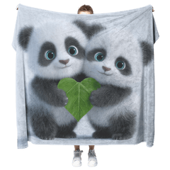 Two Baby Pandas Hugging Holding Heart Shaped Bamboo Leaf Fluffy Fur Blue Eyes Photorealistic High Resolution Sherpa Fleece Blanket - Awakening Aesthetics
