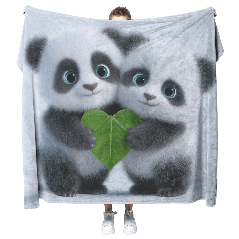 Two Baby Pandas Hugging Holding Heart Shaped Bamboo Leaf Fluffy Fur Blue Eyes Photorealistic High Resolution Sherpa Fleece Blanket - Awakening Aesthetics