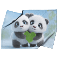Two Baby Pandas Hugging Holding Heart Shaped Bamboo Leaf Fluffy Fur Blue Eyes Photorealistic High Resolution Sherpa Fleece Blanket - Awakening Aesthetics