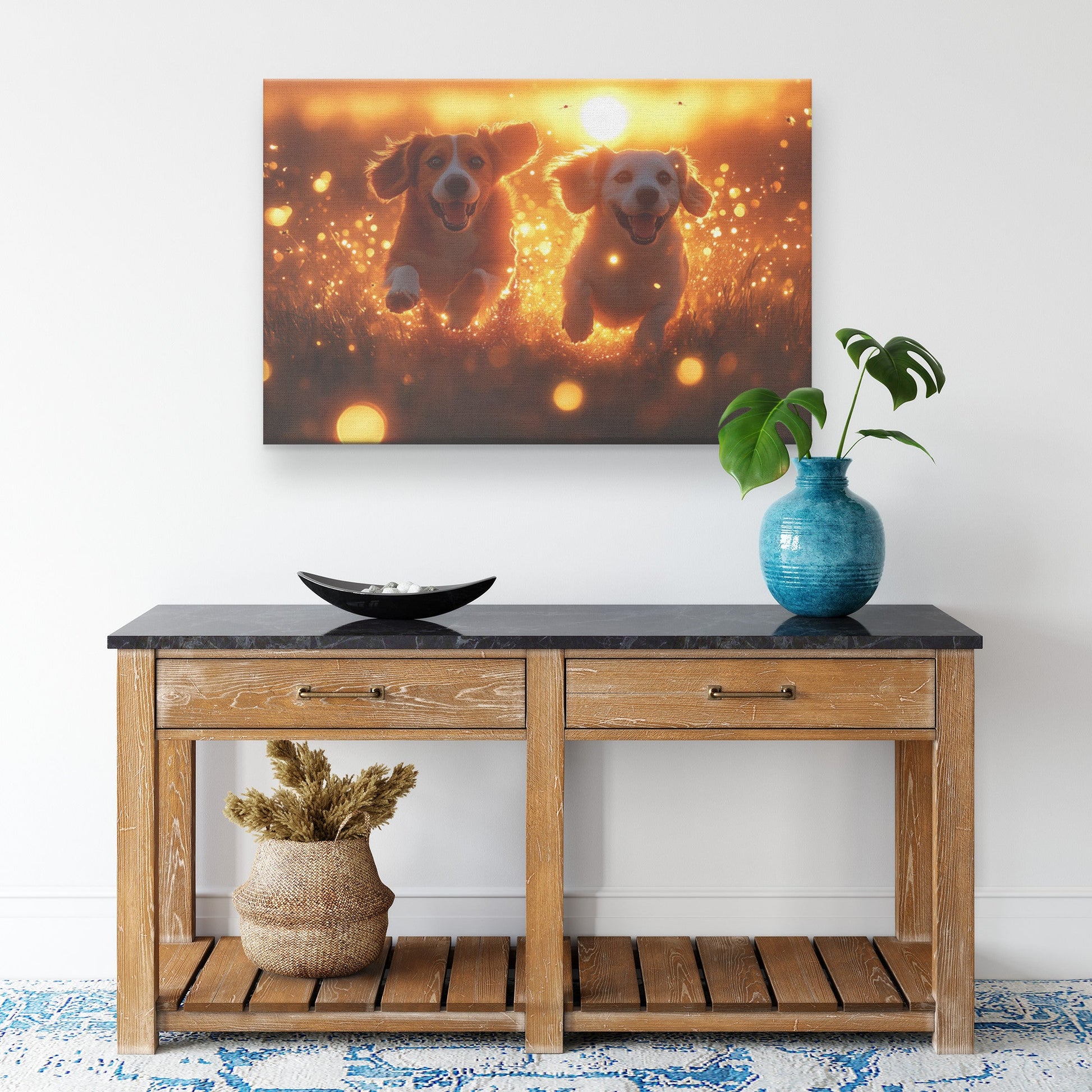 Two Basset Hounds Running Through Tall Grass Canvas Wall Art Decor with Glowing Fireflies at Twilight - Awakening Righteousness