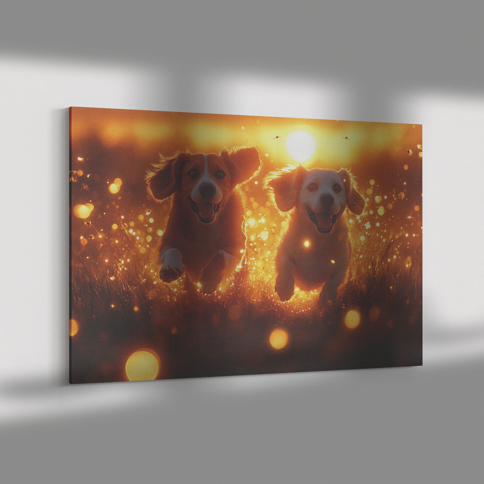 Two Basset Hounds Running Through Tall Grass Canvas Wall Art Decor with Glowing Fireflies at Twilight - Awakening Righteousness