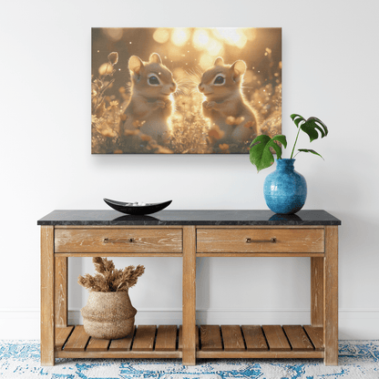 Two Chipmunks Playing In Glowing Meadow With Tall Grass Wildflowers And Golden Sunlight Canvas Wall Art Decor - Awakening Righteousness