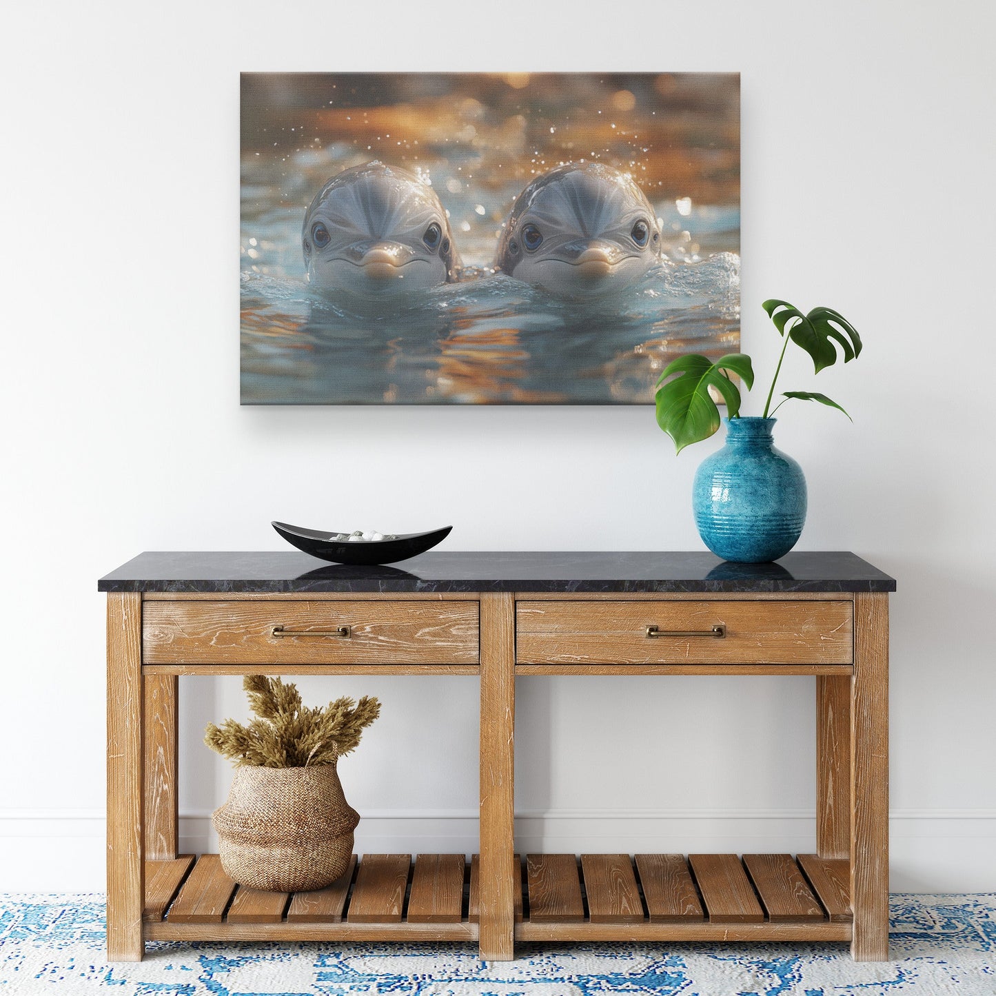 Two Cute Baby Dolphins in the Water with Bokeh Background Canvas Art - Awakening Righteousness