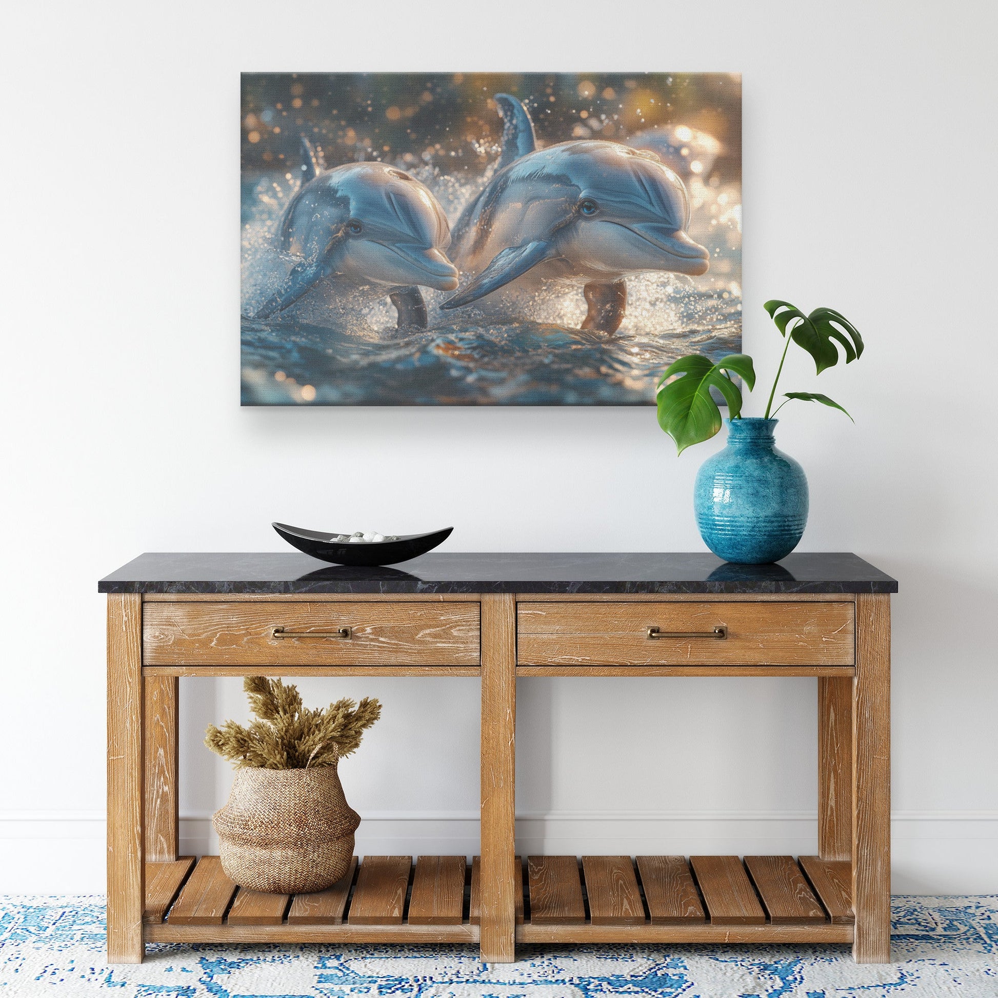 Two Cute Baby Dolphins Jumping and Splashing Canvas Wall Art Décor - Awakening Righteousness