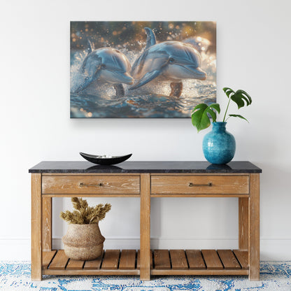 Two Cute Baby Dolphins Jumping and Splashing Canvas Wall Art Décor - Awakening Righteousness
