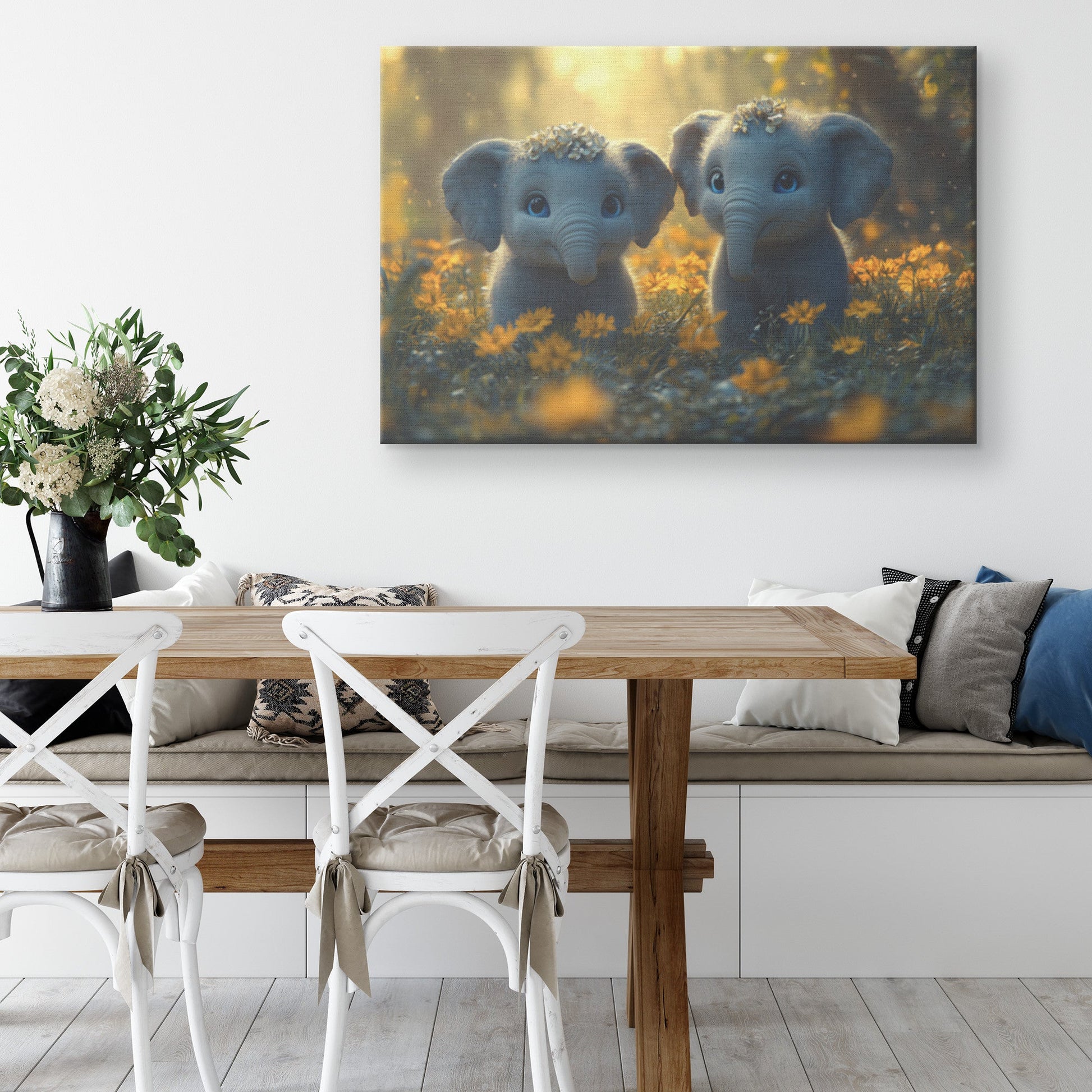 Two Cute Baby Elephants With Big Blue Eyes and White Flowers in Forest Canvas Wall Art Decor - Awakening Righteousness
