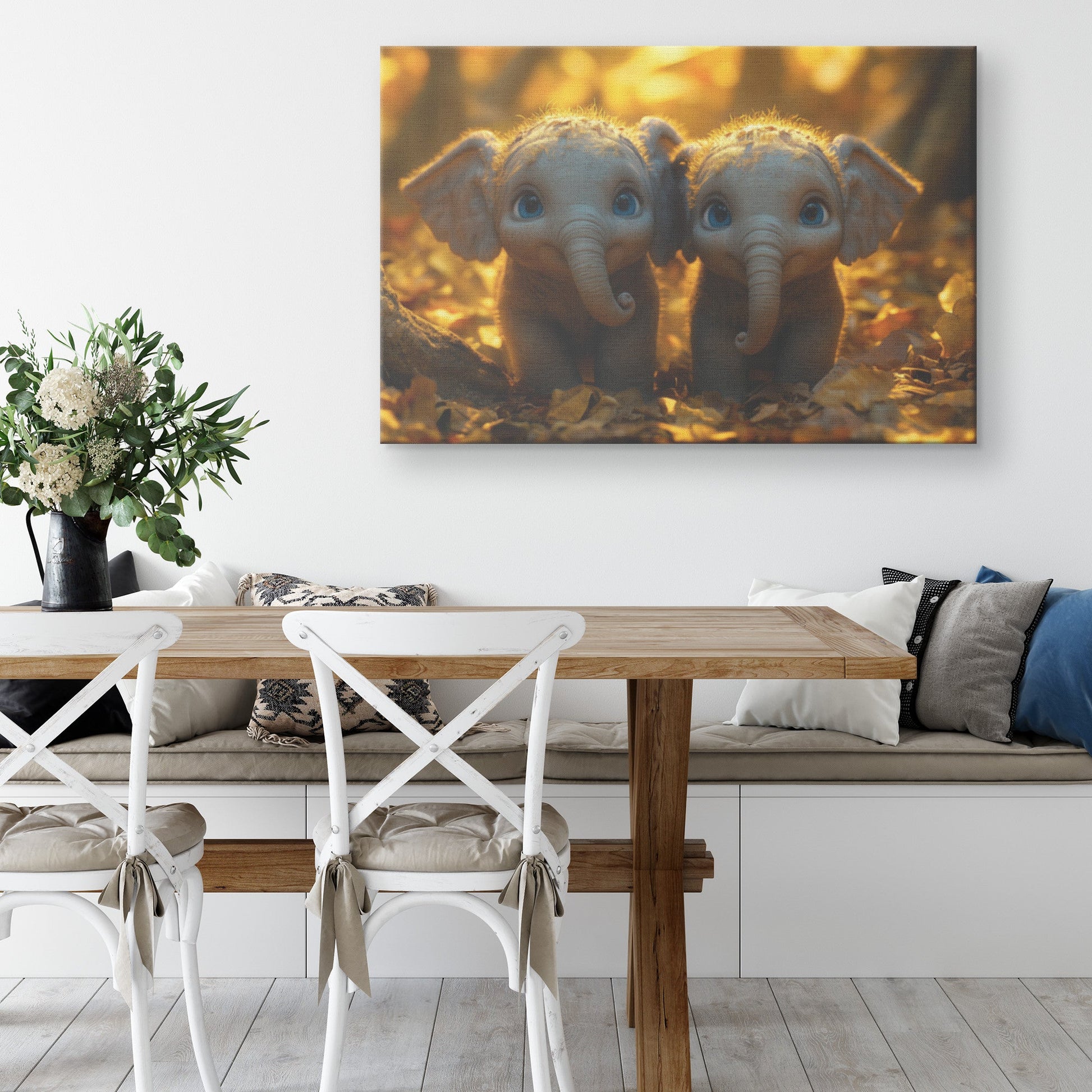 Two Cute Baby Elephants with Blue Eyes in Autumn Forest Canvas Wall Art Décor - Awakening Righteousness