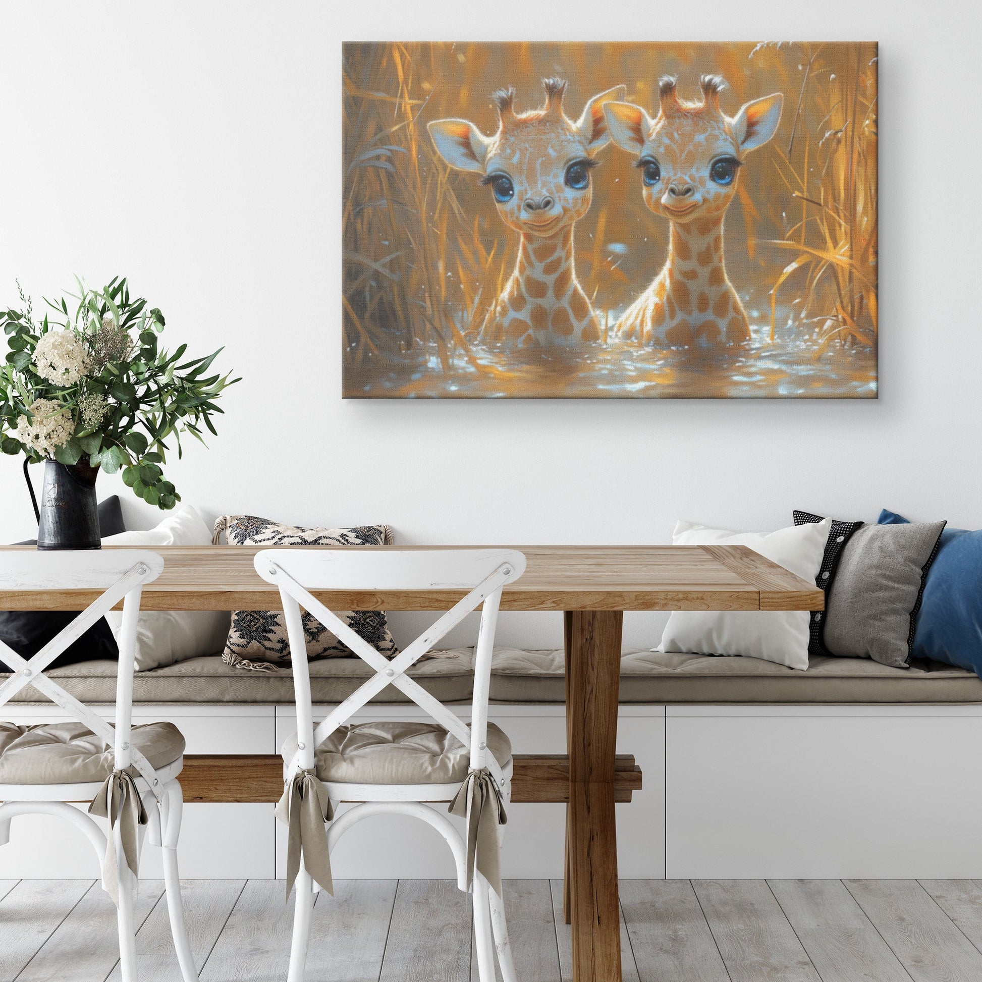 Two Cute Baby Giraffes with Big Eyes Smiling in the Water Between Reeds Canvas Wall Art Decor - Awakening Righteousness