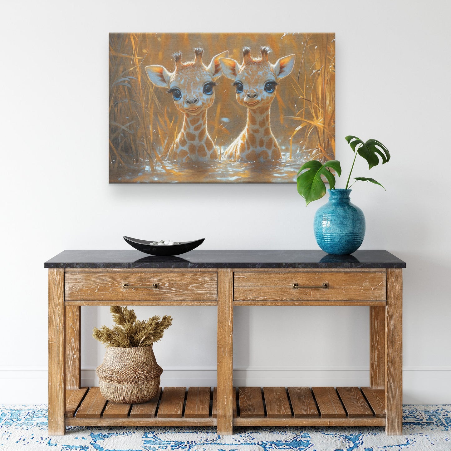 Two Cute Baby Giraffes with Big Eyes Smiling in the Water Between Reeds Canvas Wall Art Decor - Awakening Righteousness