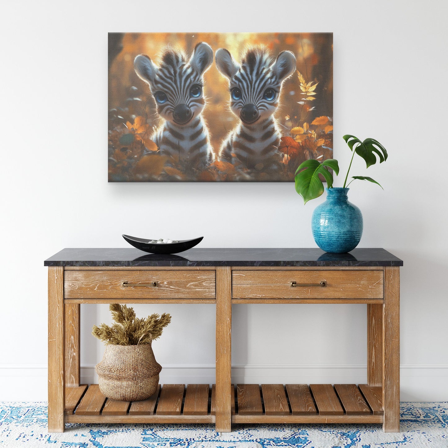 Two Cute Baby Zebras with Big Blue Eyes in Autumn Forest Canvas Wall Art Decor - Awakening Righteousness