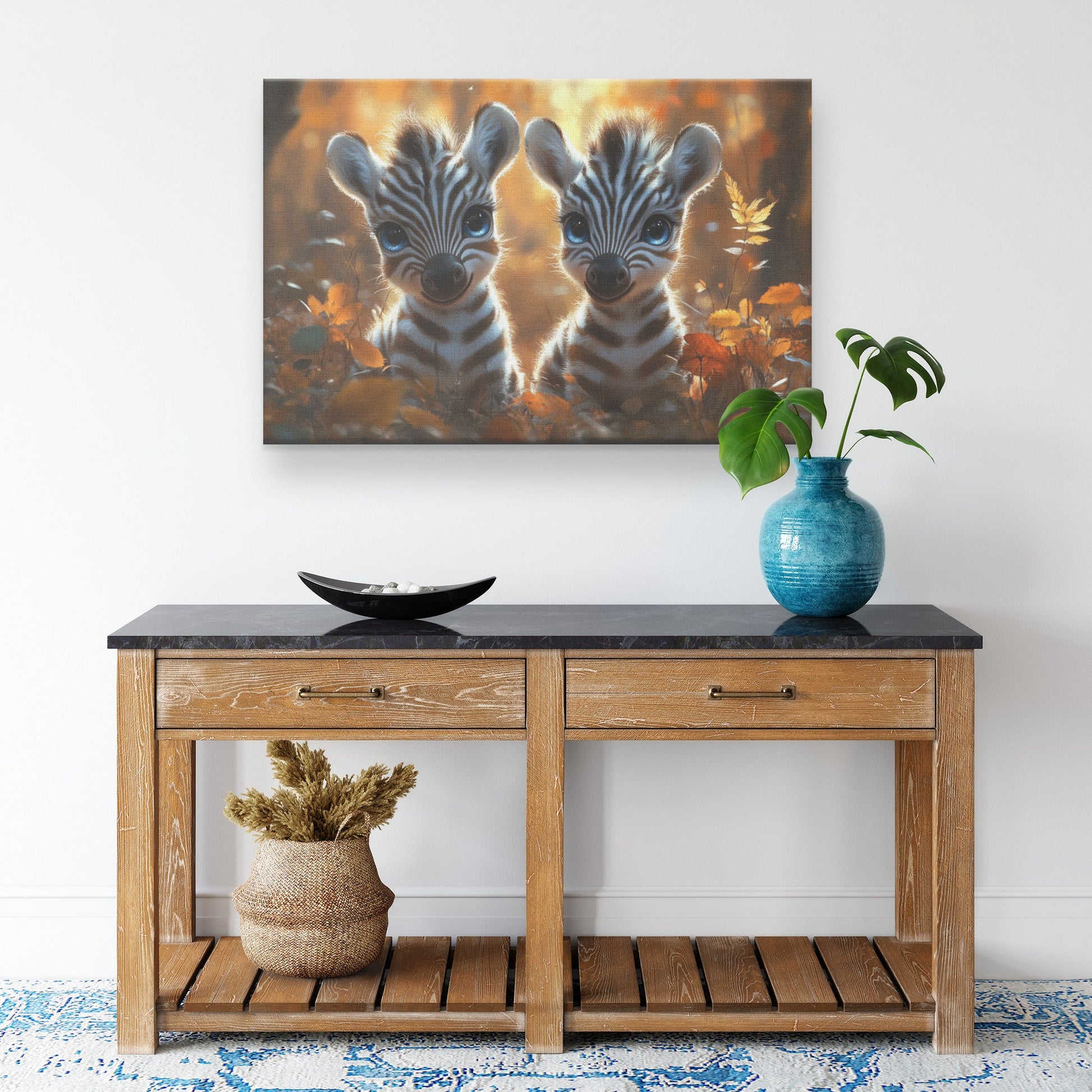 Two Cute Baby Zebras with Big Blue Eyes in Autumn Forest Canvas Wall Art Decor - Awakening Righteousness