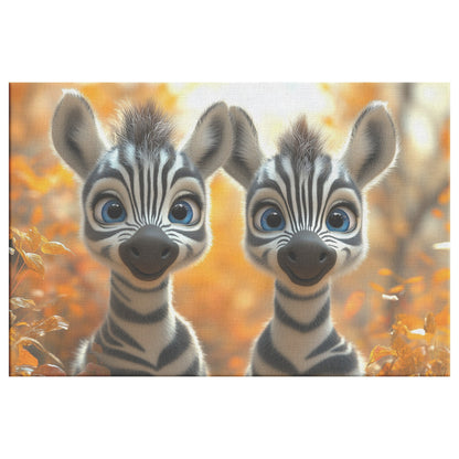 Two Cute Baby Zebras with Blue Eyes Smiling in Autumn Forest Canvas Wall Art Decor - Awakening Righteousness
