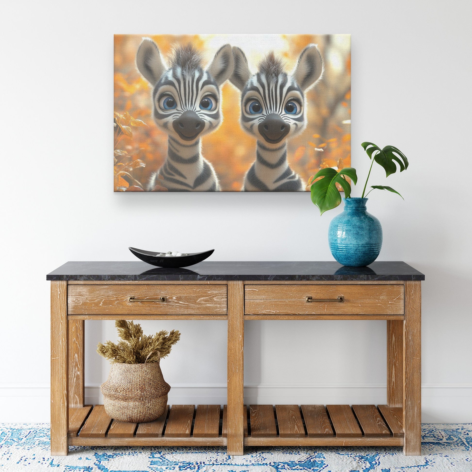 Two Cute Baby Zebras with Blue Eyes Smiling in Autumn Forest Canvas Wall Art Decor - Awakening Righteousness