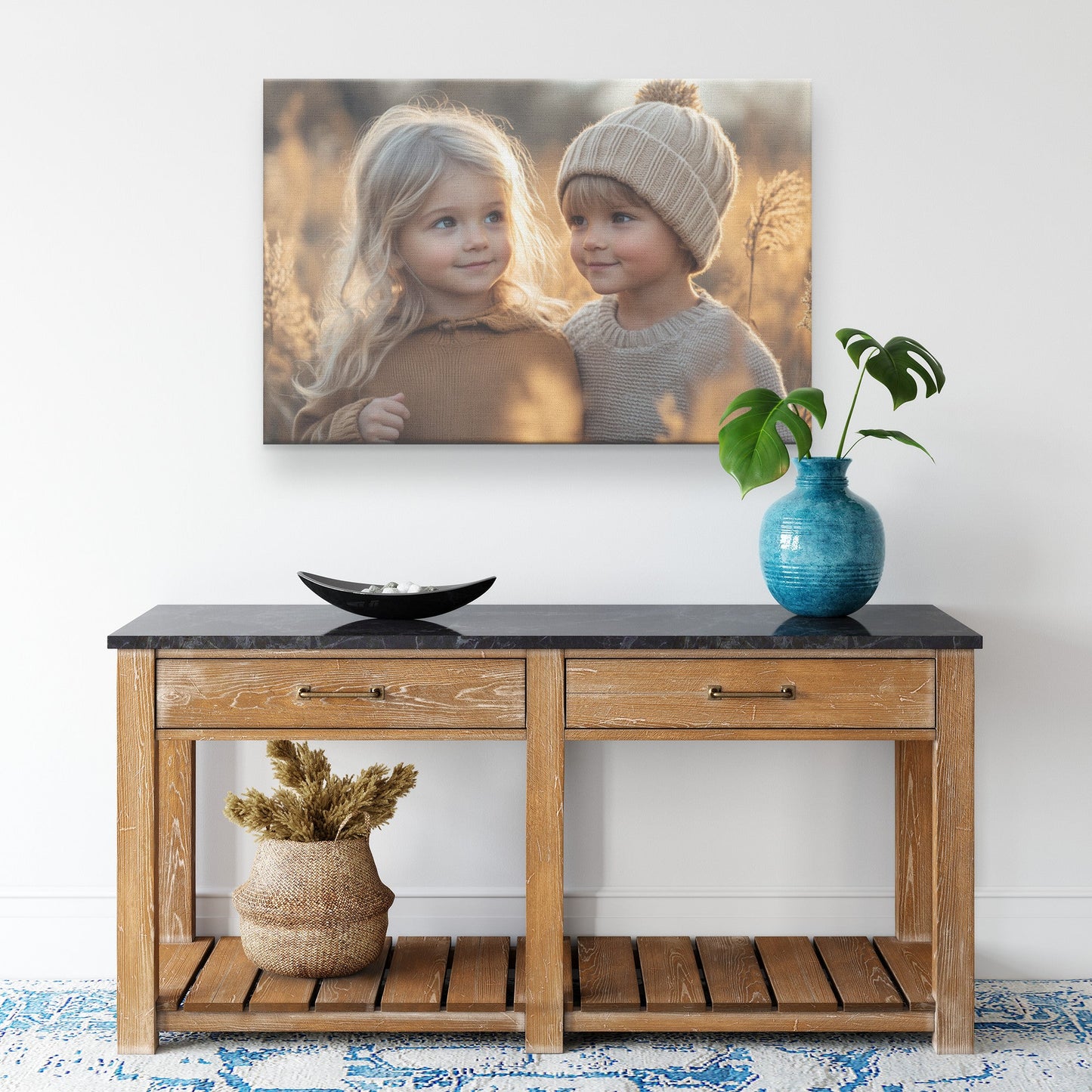 Two Cute Little Children with Blonde Hair in Beige Sweaters Posing in a Field of Reeds at Sunset Canvas Wall Art Decor - Awakening Righteousness