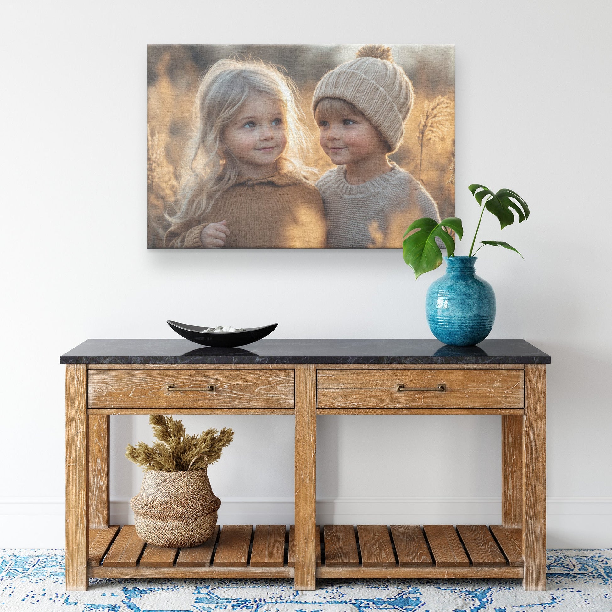 Two Cute Little Children with Blonde Hair in Beige Sweaters Posing in a Field of Reeds at Sunset Canvas Wall Art Decor - Awakening Righteousness