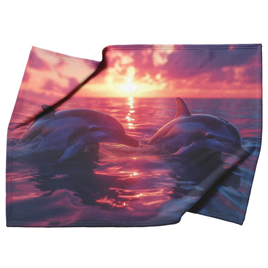 Two Dolphins Playing Under Glowing Pink Purple Twilight Sky Silhouettes Reflecting on Calm Water Fleece Sherpa Blanket - Awakening Righteousness