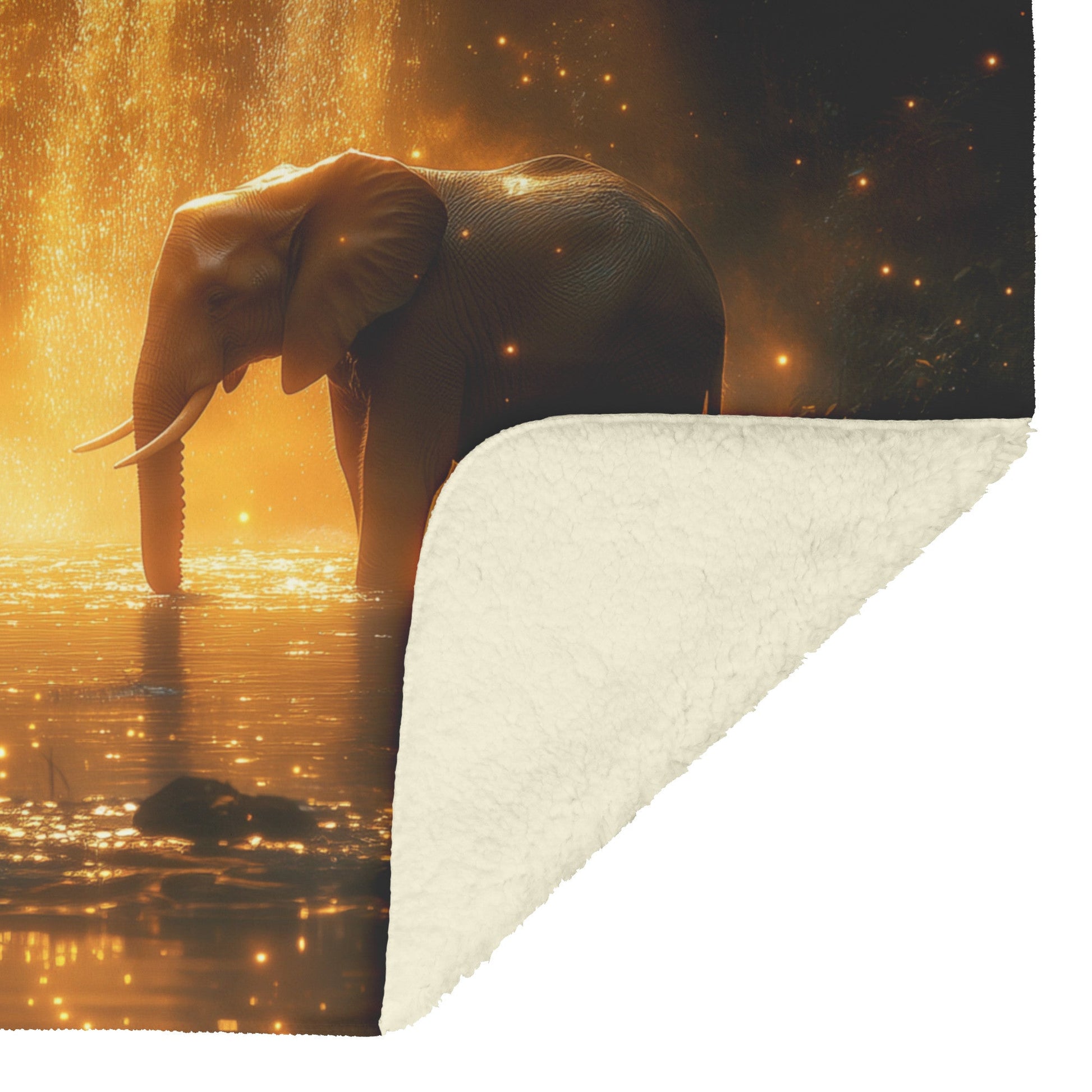 Two Elephants Near Glowing Waterfall Moss Covered Rocks Shimmering Golden Light Peaceful Magical Fleece Sherpa Blanket - Awakening Righteousness